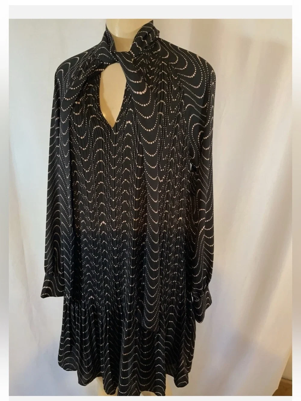 KATE SPADE Black Wavy Dot Pleated Chiffon Necktie long sleeve  lined dress NWT